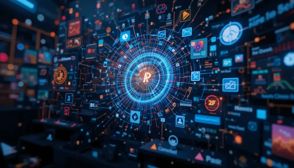 A futuristic digital interface displaying interconnected icons and data visualizations representing digital marketing trends.
