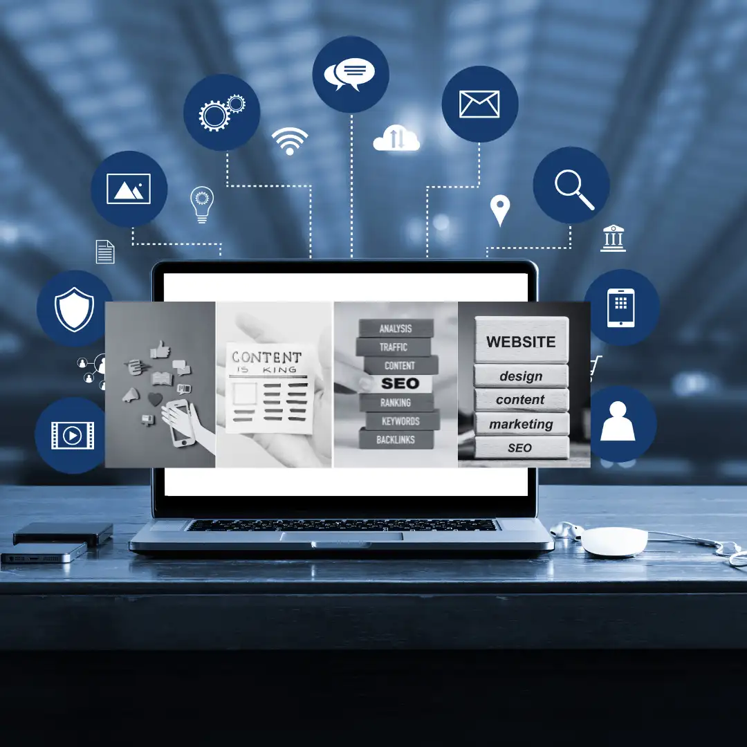 Digital marketing and SEO strategy concept displayed on a laptop screen with interconnected icons.